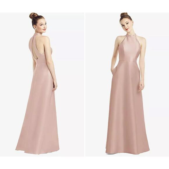 Alfred Sung Dress Size 8 Satin Twill Halter High Neck Toasted Sugar Gown D772 - Picture 1 of 15